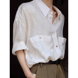 Qfdian  Linen White Shirt Women's Summer Retro Big Pocket Short Sleeve Shirt Female New Button Down Casual Tops Blouse S-XL