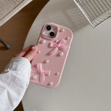 Qfdian For iPhone 15 14 13 12 11 Pro Max Case 3D Pearl Bowknot Drop-proof Silicone Protective Cover