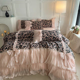 Qfdian  Vintage Floral Print Ruffles Bow Princess Bedding Set Egyptian Cotton Duvet Cover Bed Sheet Pillowcases