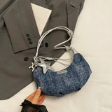 Qfdian  Y2k Aesthetic Vintage Denim Underarm Bag All Match Simple Fashion Pleated Hobo Bags Casual Trendy Women Trendy Shoulder Handbags