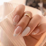 Qfdian 24Pcs Short Round Head False Nails Glitter Pink Almond Fake Nails Strawberry Full Cover Press on Nails Wearable Nail Tips