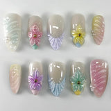 Qfdian  24pcs Red Cat Eye Press on Nails Pearl Heart Stick on Nails Bow French Fake Nails Sweet Cute Flower Nail Almond 3D False Nail