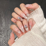 Qfdian 10Pcs Aurora Handmade False Nails with Jelly Glue Long Almond Fake Nail Art Shell Design Press on Nails Full Cover Manicure Tips