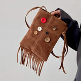 Qfdian Japanese Vintage Tassel Shoulder Bag Y2k Aesthetic Fashion Women Button Mini Cellphone Bags Casual Kawaii Ins Handbags Crossbody