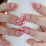 Qfdian 24Pcs Nude Pink Nail Tips Short Round Head False Nails with Design Wearable Finished Fake Nails Full Cover Press on Nails