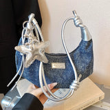 Qfdian  Y2k Aesthetic Vintage Denim Underarm Bag All Match Simple Fashion Pleated Hobo Bags Casual Trendy Women Trendy Shoulder Handbags