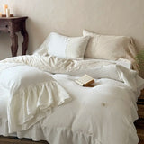 Qfdian  Vintage Lace French Princess Bedding Set 100% Cotton Double Yarn Soft Duvet Cover Flat Bed Sheet Large Ruffles Pillowcase
