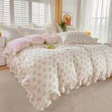 Qfdian Pink Color Duvet Cover with Ruffles 100%Cotton Flower Printed housse de couette for Girls Pure Cotton Bed Cover King