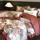 Qfdian 1000TC Egyptian Cotton Vintage Oil Painting Style Flowers Print Bedding Set Duvet Cover Flat/Fitted Bed Sheet Pillowcase 4Pcs