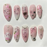 Qfdian  24pcs Sweet Cool Almond False Nails Y2k Red Ins Cherry Flower Bowknots Printed Press On Nails French Style Detachable Fake Nail
