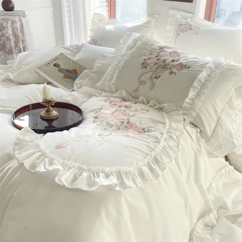 Premium Long Staple Cotton French Chic White Patchwork Embroidery Bedding Set Double Duvet Cover Flat/Fitted Sheet Pillowcases