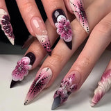 Qfdian  24pcs Long Stiletto Press on Nails Hot Girl Almond False Nails Nude Flower Rhinestones Full Cover Fake Nail Finished Manicure