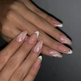 Qfdian 24Pcs Simple French Nails Art Tips Fake Nails 3D Design Wearable Full Cover False Nail Mid-length Almond Reusable Press on Nails