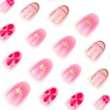 Qfdian  24pcs Sweet Pink Flower Press On Nails Glossy Short Almond Full Cover Stick-on Nails Gold Stripe Blush Artificial False Nails