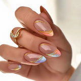 Qfdian 24Pcs Short Round Head False Nails Glitter Pink Almond Fake Nails Strawberry Full Cover Press on Nails Wearable Nail Tips