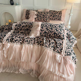 Qfdian  Vintage Floral Print Ruffles Bow Princess Bedding Set Egyptian Cotton Duvet Cover Bed Sheet Pillowcases