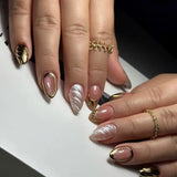 Qfdian 24Pcs Golden French Fake Nail with Almond Head Design Simple Oval False Nails Wearable Press on Nails Full Cover Nail Tips