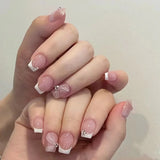 Qfdian 24Pcs Simple False Nails with Glue Short Almond Fake Nails Glitter Aurora Round Head Full Cover Nail Tips Oval Press on Nails