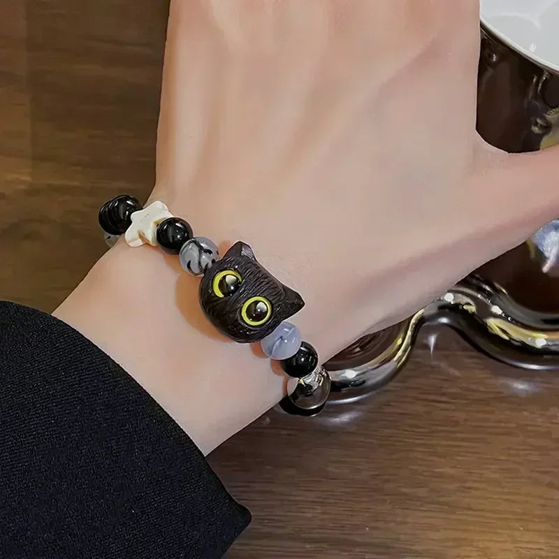 Cute Natural Stone Black Cat Bracelet for Women Men Fashion Cartoon Animal Beaded Bracelets Handmade Fashion Girl Jewelry Gifts