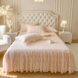 Qfdian 4/6Pcs Pink Princess Wedding Lace Embroidery Korean Style Bedding Set King Queen Size Duvet Cover Bed Skirt Bedspread Pillowcase
