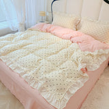 Qfdian  Korean Ruffle Polka Dot Duvet Cover Set for Girls Cute Soft Washed Cotton Bedding Set with Pillowcases Sheet Queen Size