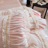 Qfdian  Pink Princess Style Pleated Lace Ruffles Carved Velvet Warm Soft Bedding Set Duvet Cover Flat/Fitted Bed Sheet Pillowcases 4Pcs