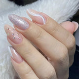 Qfdian  24Pcs Mid-length Almond Ballet False Nails Simple Cat Eye Design Press on Fake Nail Wearable Full Cover Nail Tips Manicure Tools