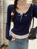 Qfdian  Fashion Bowknot Long Sleeve T-Shirts Women Korean Style Ruffles Collar Patchwork Tees Shirts New Stretch Cropped Tops Shirt