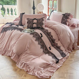 Qfdian  Vintage French Black Lace Ruffles Bedding Set Solid Color Duvet Cover Set Flat/Fitted Bed Sheet Pillowcases With Pillowcases
