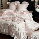 Qfdian Rose Flowers Embroidery Lace Ruffles Luxury Bedding Set 1000TC Egyptian Cotton Duvet Cover Set Flat/Fitted Bed Sheet Pillowcases