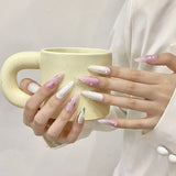 Qfdian 10Pcs Aurora Handmade False Nails with Jelly Glue Long Almond Fake Nail Art Shell Design Press on Nails Full Cover Manicure Tips