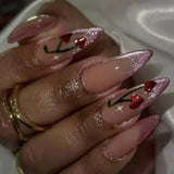 Qfdian  24pcs Long Stiletto Press on Nails Hot Girl Almond False Nails Nude Flower Rhinestones Full Cover Fake Nail Finished Manicure