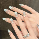 Qfdian 10Pcs Aurora Handmade False Nails with Jelly Glue Long Almond Fake Nail Art Shell Design Press on Nails Full Cover Manicure Tips