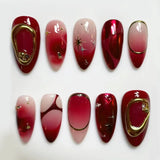 Qfdian  24pcs Press on Fake Nails Set Almond Wearable Simple French Flower False Nail Art Gold Beads Design Diamond Manicure Tips