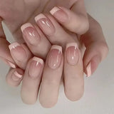Qfdian  24Pcs Short Square Nude French Tip Press On Nails Set Reusable Acrylic Full Cover Fake Nail with Glue for Women&Girls Decoration