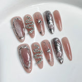 Qfdian  Pink Silver Snake Pattern Space Press On Nails Flexible Resin Rhinestone Star Moon Ideal for Sweet Cool Outfits Parties Dates Da