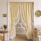 Qfdian  Light Yellow Daisy French Vintage Ruffle Lace Flower Semi Blackout Curtains Cotton Linen Window Door Cabinet Drapes for Bedroom