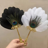 Qfdian  Vintage Feather Handheld Fan in Gold with Peacock Feathers An Elegant Fan Suitable for Weddings Formal Events