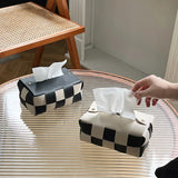 Qfdian Checkerboard Woven Tissue Box PU Leather Napkin Case Living Room Office Desktop Home Decoration Creative Paper Towel Cover