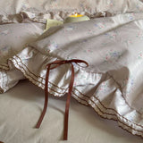 Qfdian 100% Cotton Pastoral Floral Print Ruffles Bow Princess Bedding Set Queen King Duvet Cover Set Bed Sheet/Fitted Sheet Pillowcases