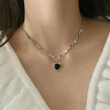 Qfdian  Kpop Vintage Goth Punk Heart Pendant Chain Pearl Metal Necklace For Women Collares Aesthetic Grunge EMO Jewelry Y2K Accessories