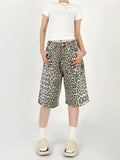 Qfdian  Women's Shorts Denim Leopard Print High Waisted Straight Leg Pants Street Harajuku Y2K Retro Versatile Fashion Wide Leg Jeans