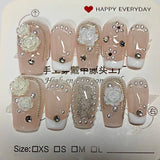 Qfdian 10Pcs Handmade Short Square French Press on Nails Flower Pearl Rhinestone Chain Design False Nails Wearable Fake Nail