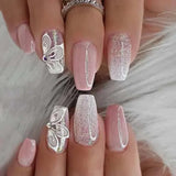 Qfdian 24Pcs Gradient Short Ballet Nails Set with Glue White Simple False Nails Coffin Fake Nail Press on Nails Full Cover Nail Tips