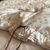 Qfdian 100% Cotton Pastoral Floral Print Ruffles Bow Princess Bedding Set Queen King Duvet Cover Set Bed Sheet/Fitted Sheet Pillowcases