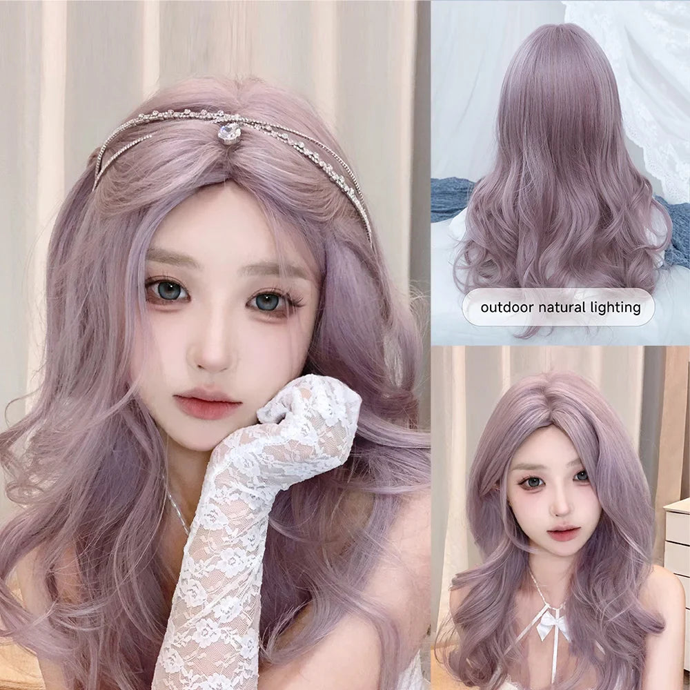 Qfdian 24Inch Grey Purple Color Synthetic Wigs Middle Part Medium Natural Wavy Hair For Women Daily Use Cosplay Party Heat Resistant