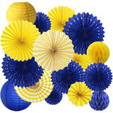 Qfdian  16Pcs Blue Yellow Graduation Grad Party Decoration Birthday Hanging Paper Fan Honeycomb Lanterns for Royal Boy Baby Shower Decor