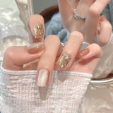 Qfdian Handmade Short Press on Nails Sparkling Champagne Cat's Eye Fake Nail Tips Wearable Full Cover Fashion Crystal False Nails