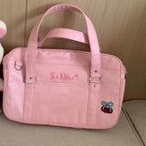 Qfdian Pu Leather Girls All Match Top-Handle Bags Preppy Sweet Y2k Women Jk Bag Japanese Kawaii Cute Embroidery Handbags Streetwear