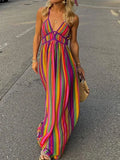 Qfdian  Fashion Hollow Backless Bohemian Dresses Sexy Ladies V-Neck Sleeveless High Waist Long Dress Summer Beach Colorful Stripe